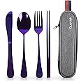 Travel Utensils with Case, Quatish Portable Silverware Set for Work, Stainless Steel Reusable Travel Cutlery Set, Fork and Spoon Set for Camping, EDC Gadgets, Lunch Box for Men, Purple