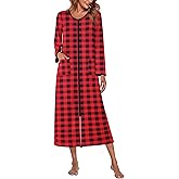 Ekouaer Women Long House Coat Zipper Front Robes Full Length Nightgowns with Pockets Striped Loungewear S-4XL