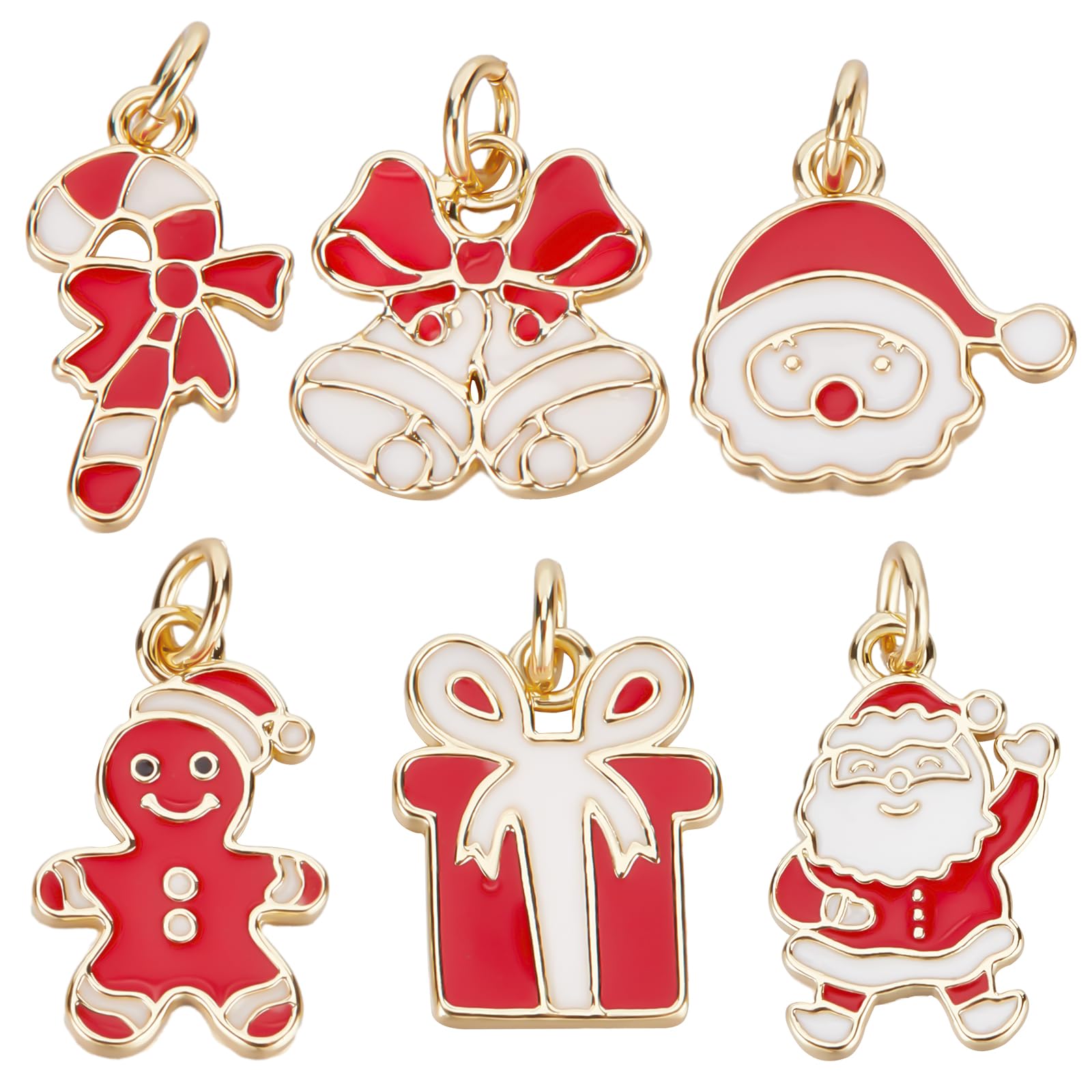 Beebeecraft 1 Box 6Pcs 6 Style Christmas Charms Red & White Enamel Candy Cane Pendant Charms for DIY Necklace Dangle Earring Bracelet Jewellery Making