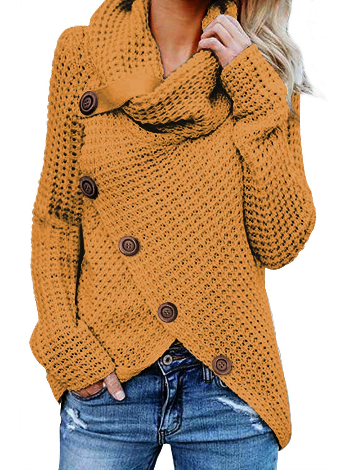 AleumdrWomens Chunky Turtleneck Cowl Neck Asymmetric Hem Sweater Coat with Button Details