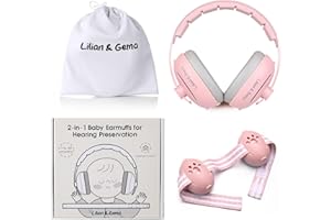Lilian&Gema 2-in-1 Baby Ear Muffs Noise Protection, Adjustable Headphones with Stretchy Band, Noise Cancelling Headphones for Babies & Toddlers up to 4 Years, Baby Airplane Essentials/Outdoor, Pink