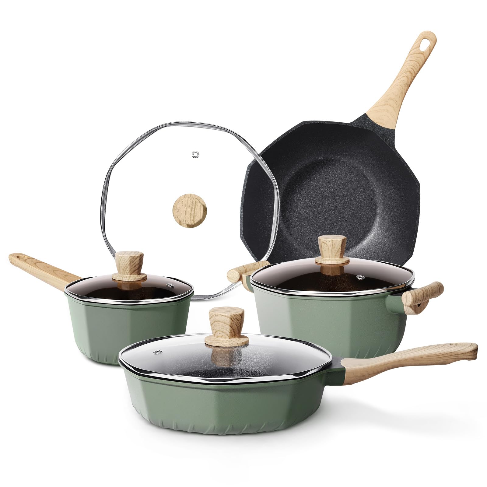 RealCool Pots and Pans Set Non Stick, 8 Pieces Induction Cookware, Octagon Nonstick Kitchen Cookware Sets with Frying Pans/Casserole/Saucepan(PFOS, PFOA Free)
