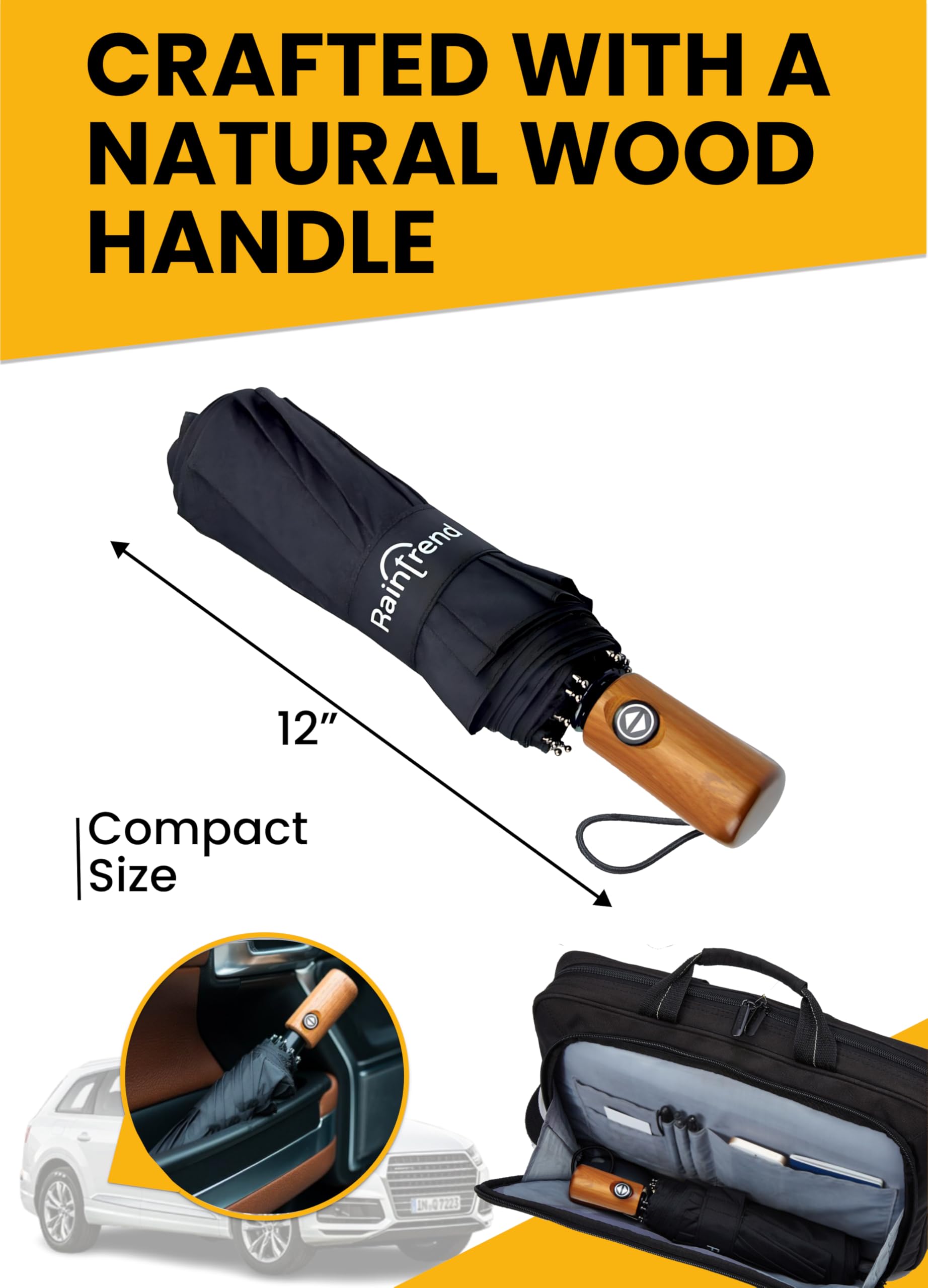 Raintrend Premium Umbrellas for Rain Windproof Travel Automatic Open Close Large Canopy with Compact Folding Strong Lightweight Portable Umbrella for Car Backpack, Womens & Mens Umbrella - Black