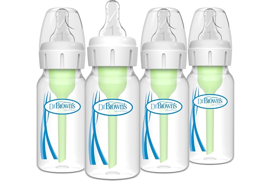 Dr. Brown's Natural Flow Anti-Colic Options+ Narrow Baby Bottle, 4 oz/120 mL, with Level 1 Slow Flow Nipple, 0m+, 4 Pack