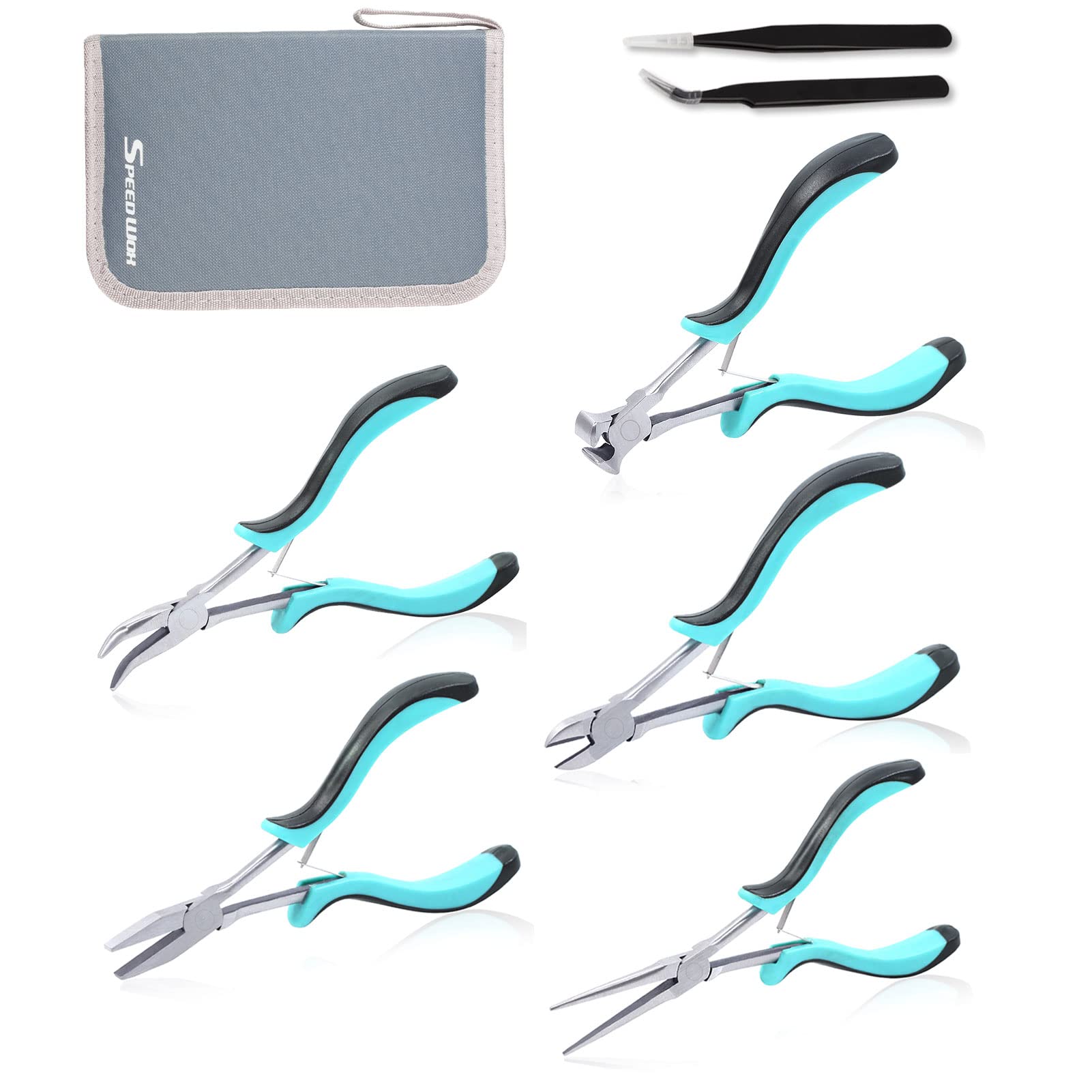 SPEEDWOX 5Pcs Mini Long Reach Pliers Set with Case Include Flat Nose Pliers Bent Nose Pliers Diagonal Pliers Needle Nose Pliers End Cutting Pliers for Making Crafts, Repairing