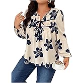 SHENHE Women's Plus Size Floral Lantern Long Sleeve Fall Blouse Tie Bow V Neck Dressy Casual Top
