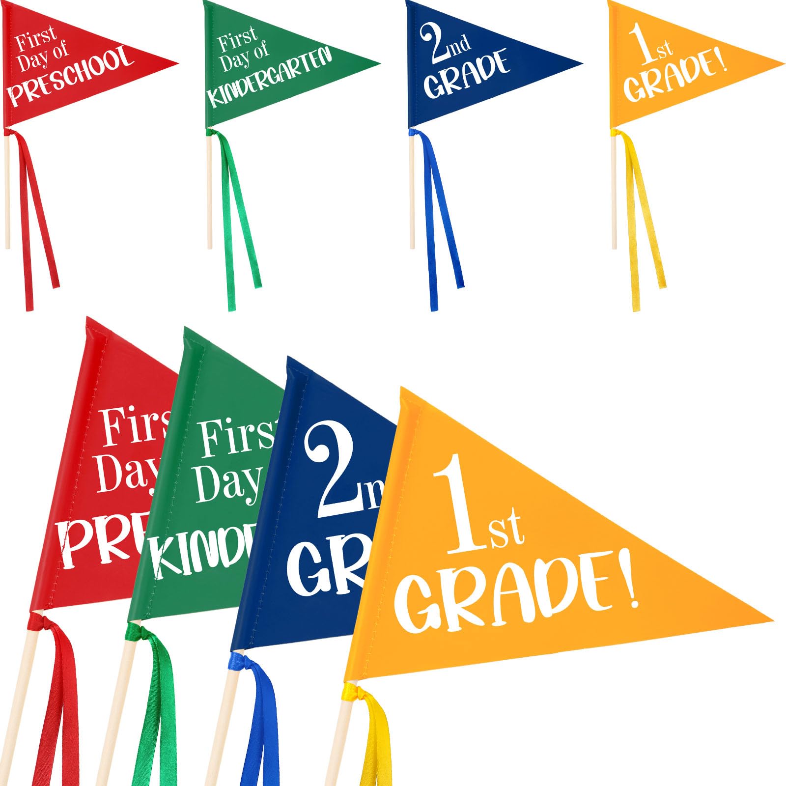 Photo 1 of Humyoun 4 Sets First Day of School Pennant Flags First Day of Preschool Kindergarten Sign Back to School Pennant with Ribbons and Sticks for 1st 2nd Grade School Classroom Decorations Photo Prop