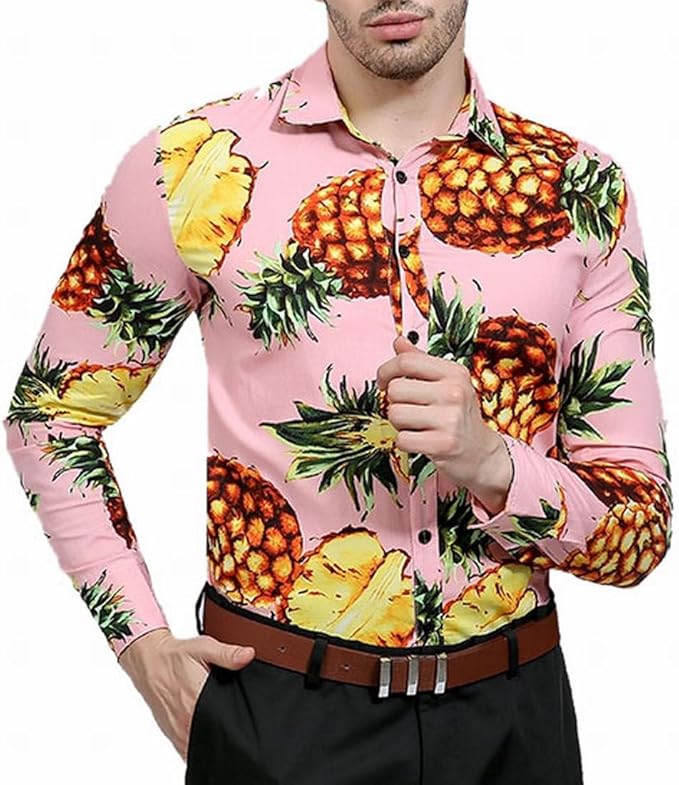 Men's Pineapple Button Down Hawaiian Style Long Sleeve Casual Shirt