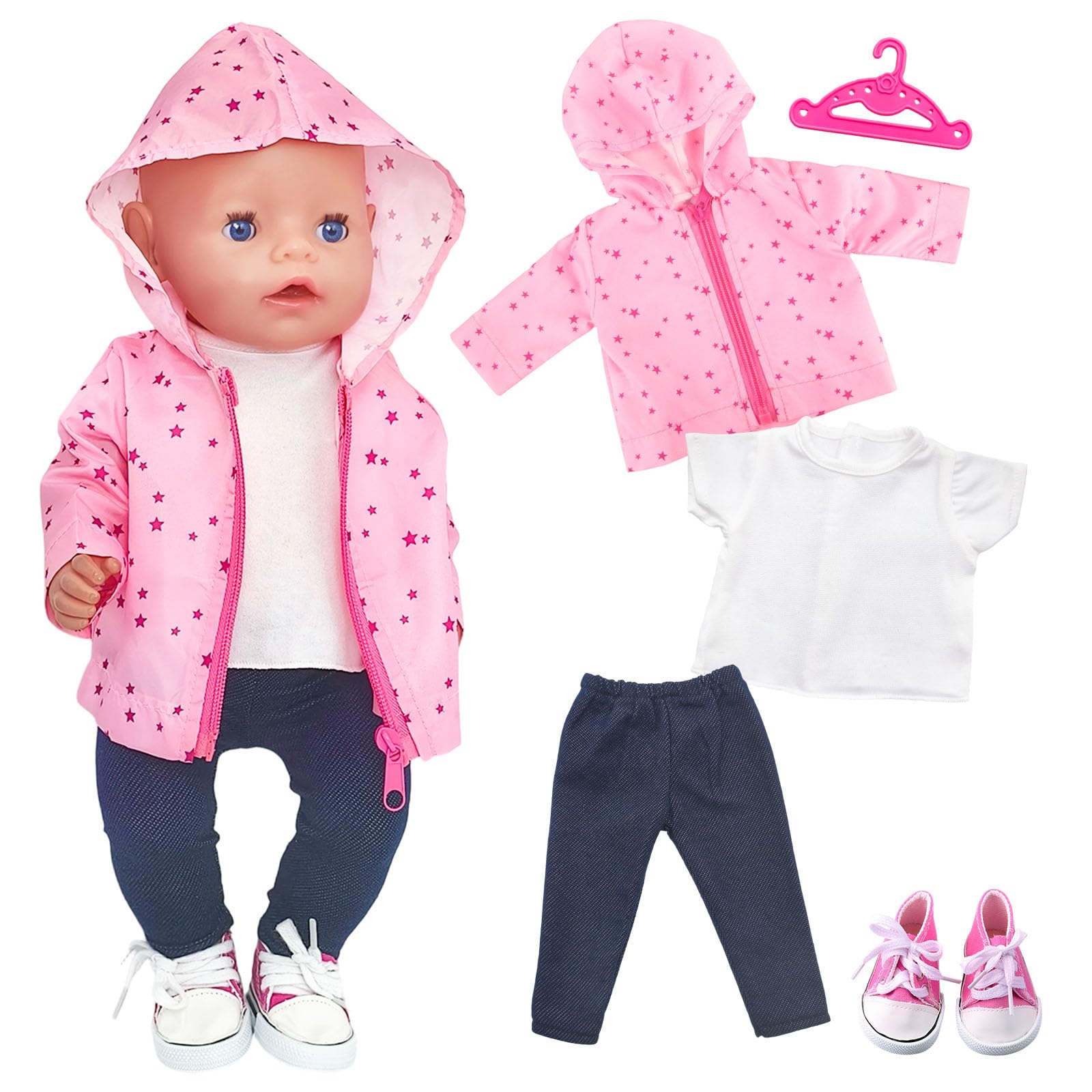 5Pcs Doll Clothes Outfits for 14-18 Inch Baby Dolls, 35-45cm Pink Star Hoodie T-Shirt Pants Canvas Shoes Hanger, Cute Doll Accessories for Girls (No Doll) — image 1