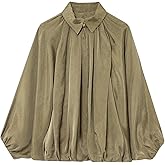 Talakeno Womens Puffed Bomber Jacket Casual Batwing Sleeve Lapel Collar Zip Shirts Oversized Pleated Streetwear Jackets
