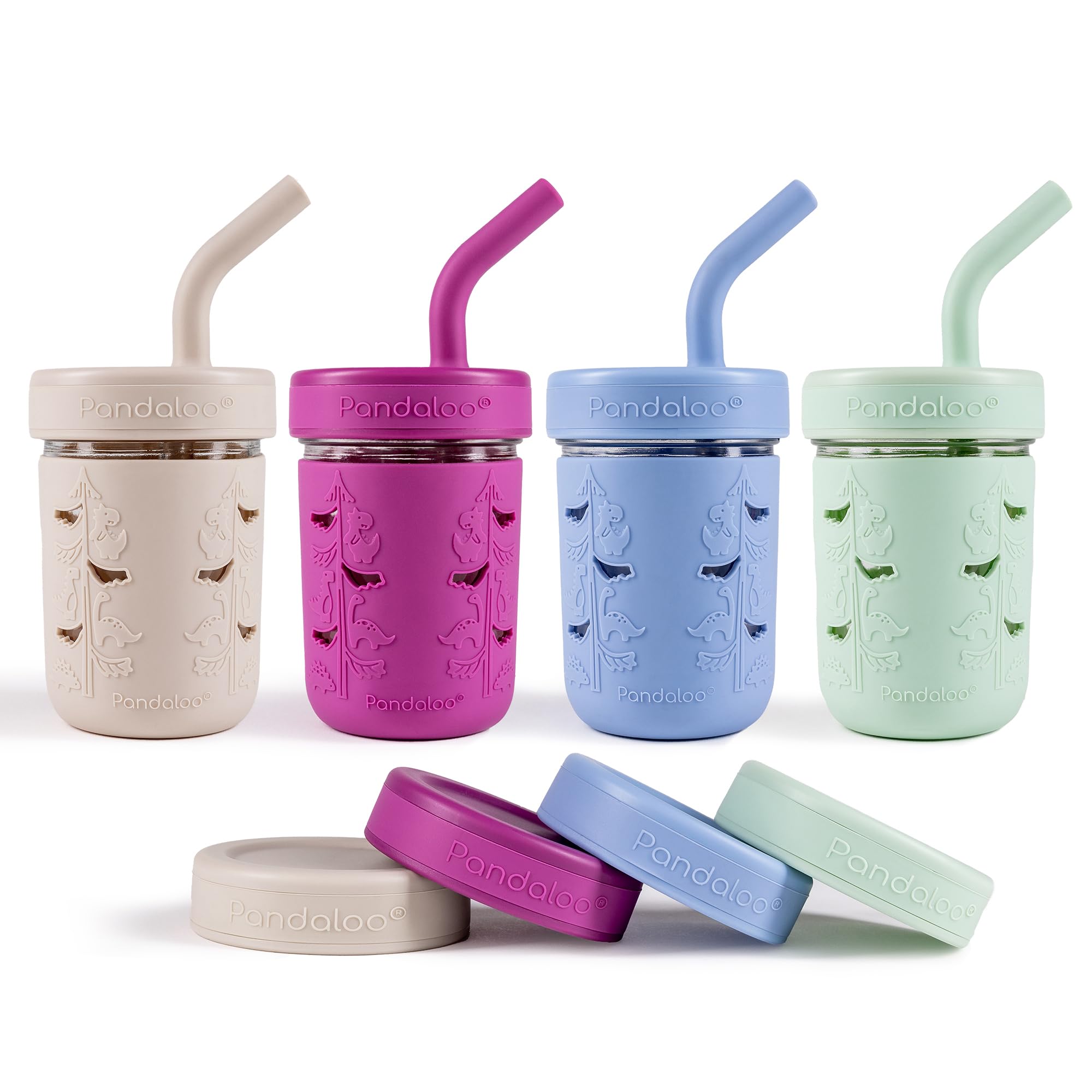 Photo 1 of Pandaloo® Mason Jar Toddler Cup - 8 oz Spill-Proof Glass Tumbler with Silicone Straw and Lid, Non-Slip Sleeve, BPA-Free Toddler Snack Cups - Perfect Smoothie Cups with Lids and Straws for Kids