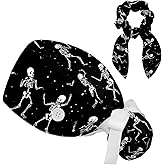 Women's Bouffant Scrub Caps Blue Line Sunflower Working Cap Nurse Hat Surgical Cap with Button and Sweatband