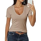 Roselux Women Short Sleeve Deep V Neck Tops Shirts Fitted Cotton Summer Tshirt Tee