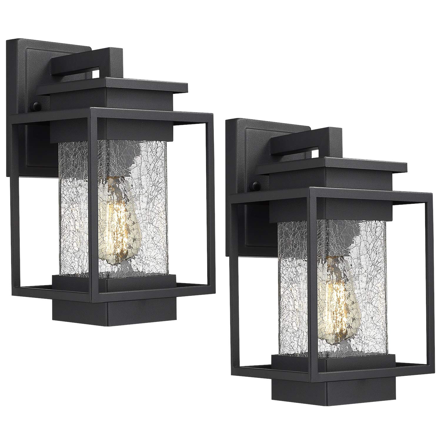 Osimir Outdoor Wall Sconce Light Fixture, 1 Light Exterior Wall Lantern in Black Finish with Crackle Glass Lamp Shade, Modern Outdoor Lighting Fixtures 2365-1W-2PK
