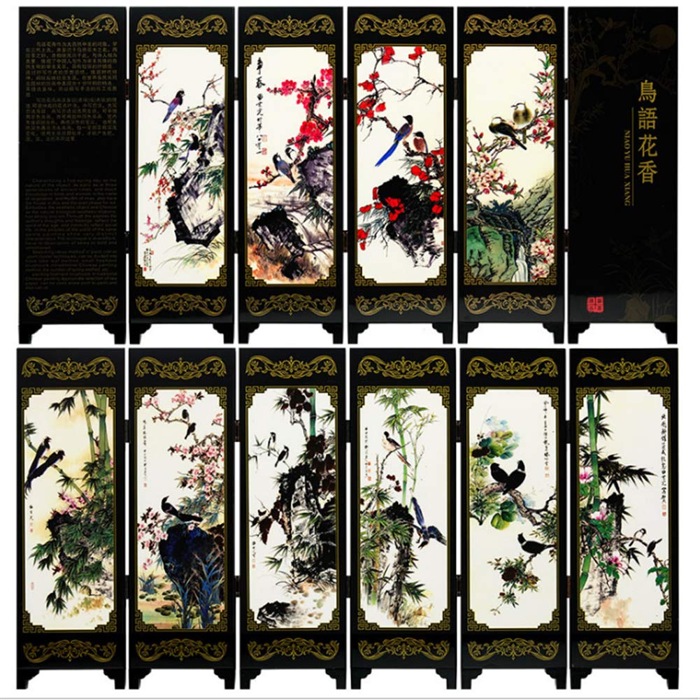 MLZYKYJZ Chinese Small Folding Screen, Screen Dividers 6 Panel Wooden Folding Mini Screens Of Gifts With Flower Bird Zen Artistic Patterns For Living Room And Desktop Decorative (C)