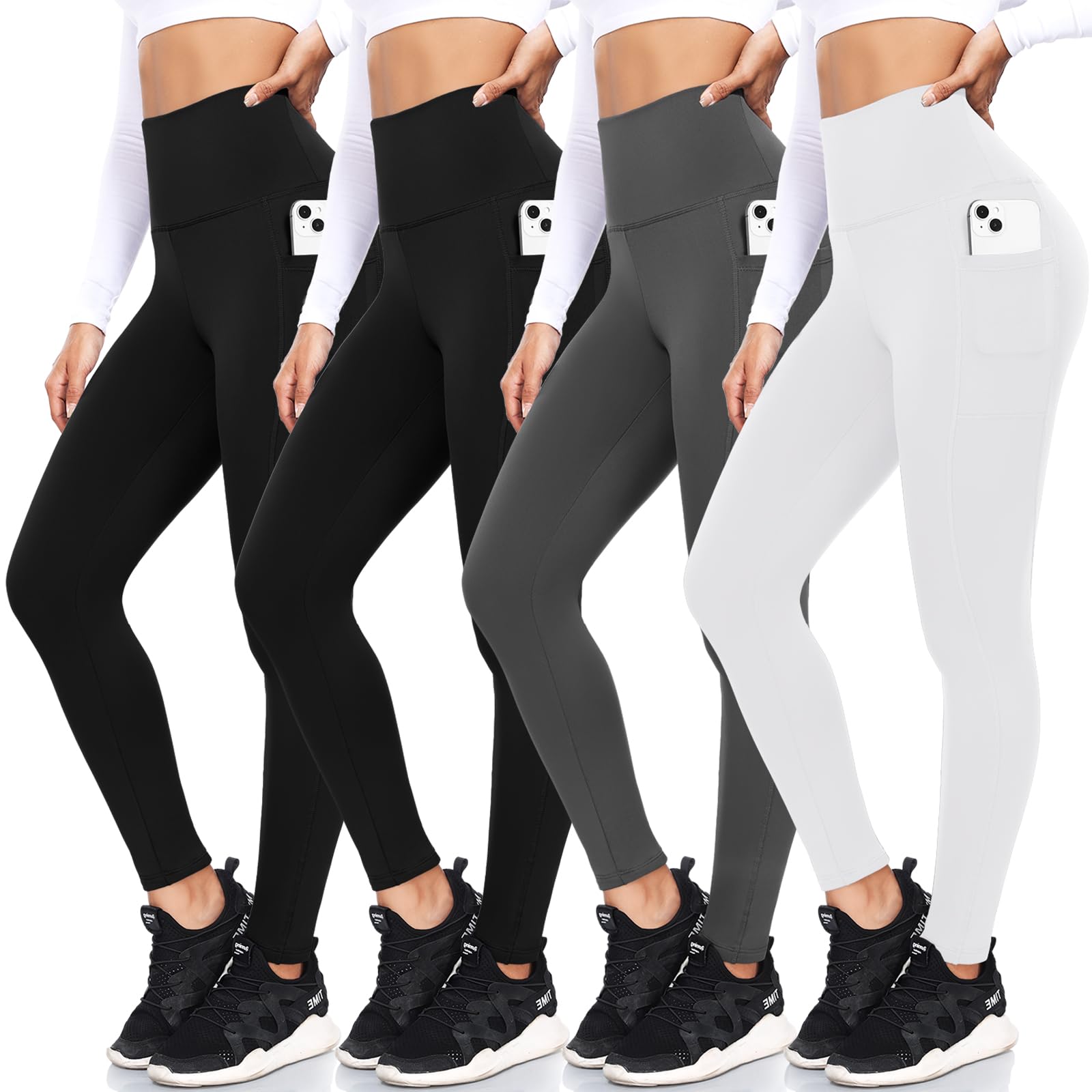 Photo 1 of FULLSOFT 4 Pack Fleece Lined Leggings with Pockets for Women High Waisted Thermal Winter Warm Yoga Pants for Workout Running Plus Size(Black, Black, Dark Grey, White(4 Pack),Small-Medium)
