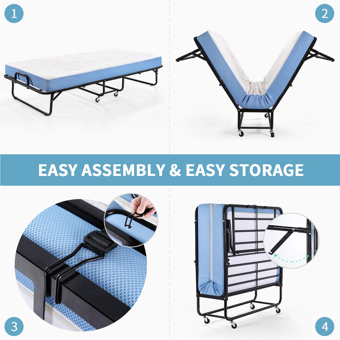 Inofia Foldable Folding Bed, Rollaway Extra Guest Bed with 5 Inch Memory Foam Mattress and Portable Metal Frame on Wheels - Easy Storage - Space Saving - Twin Size - 75’’ x 38’’