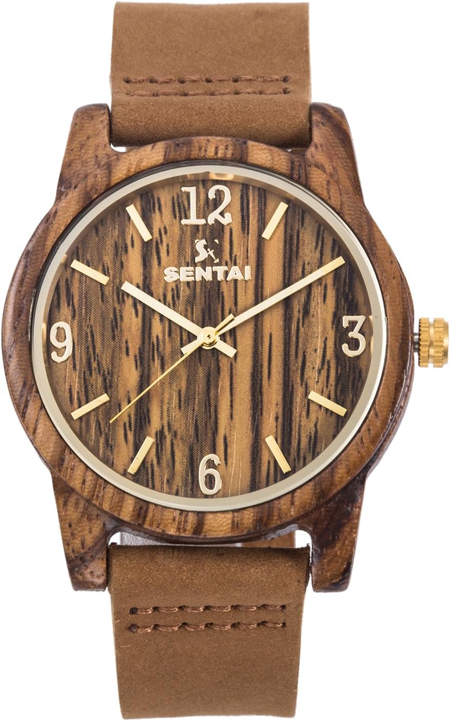 Sentai Wooden Watch with Genuine Leather Strap Japanese Quartz Analog Wrist Watch Lightweight Casual Watch for Men & Women in Gift Box