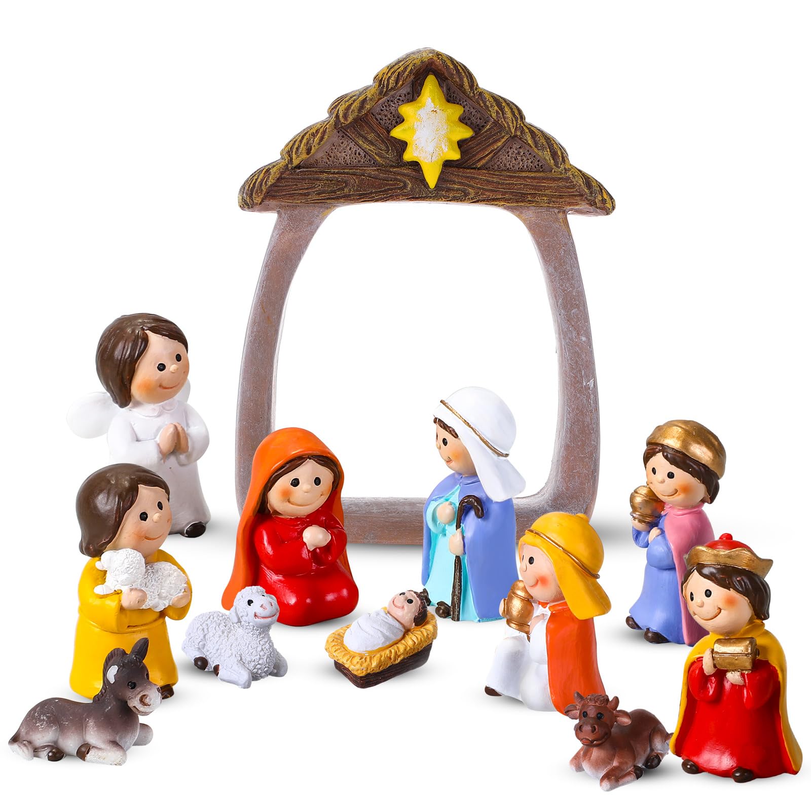 Photo 1 of Vercraft 12 Pcs Small Nativity Set Resin Small Christmas Nativity Figurine Christmas Little Nativity Playset Figurine Christmas Manger Scene with Baby Jesus Stable for Xmas Tabletop Indoor Decoration