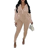 PUXOBYKU Womens Jumpsuits Casual Romper V Neck Bottom Pants Loose Long Sleeve Bodysuit Bodycon Sexy One Piece