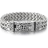 Azubpi Men's 316 Stainless Steel Gothic Viking Bracelet - Flower & Cross Carved, Large Franco Textured Chain