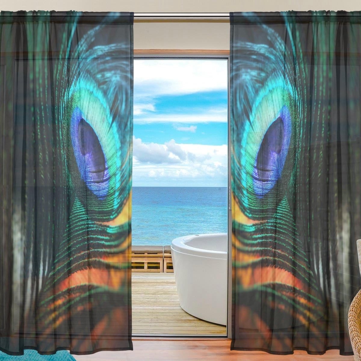 Yibaihe Window Sheer Curtains Panels Window Treatment Set Voile Drapes Tulle Curtains Beautiful Peacock Feathers 84 Inches Long For Living Room Bedroom Girl's Room 2 Panels