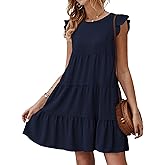 KIRUNDO Women's Summer Dresses Sleeveless Ruffle Sleeve Round Neck Solid Loose Short Flowy Pleated Mini Babydoll Dress