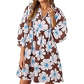 Cicy Bell Womens Floral Mini Dresses 3/4 Balloon Sleeve V Neck Flowy Babydoll Dress Summer Beach Vacation Boho Outfits