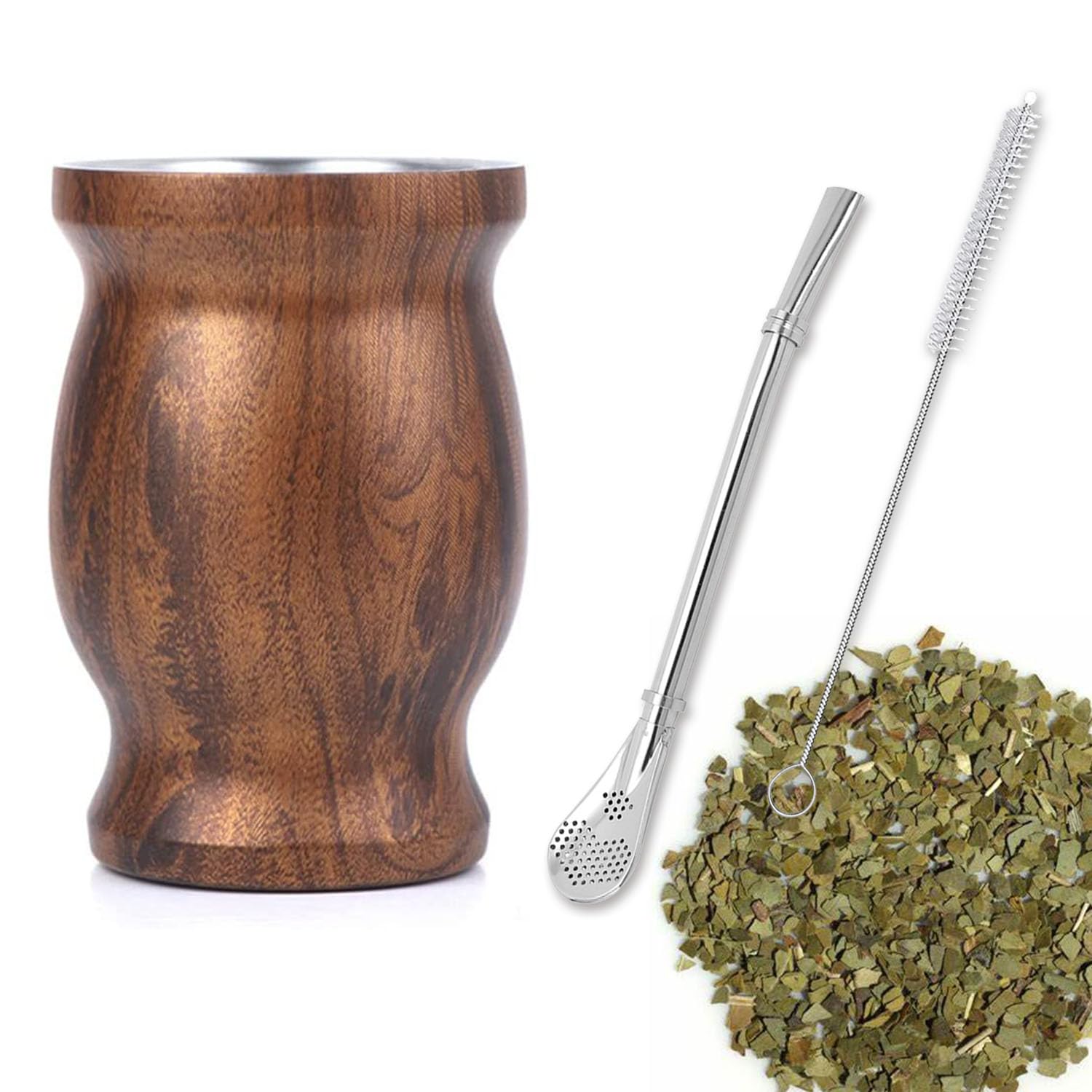 SVUPUE Yerba Mate Cup, Yerba Mate,Double-Wall Yerba Tea Set, Yerba Cup, with Straw Spoon and Cleaning Brush, for Yerba Mate Drink, Coffee, Milk and Juice, Wood Grain Color,8oz — image 1