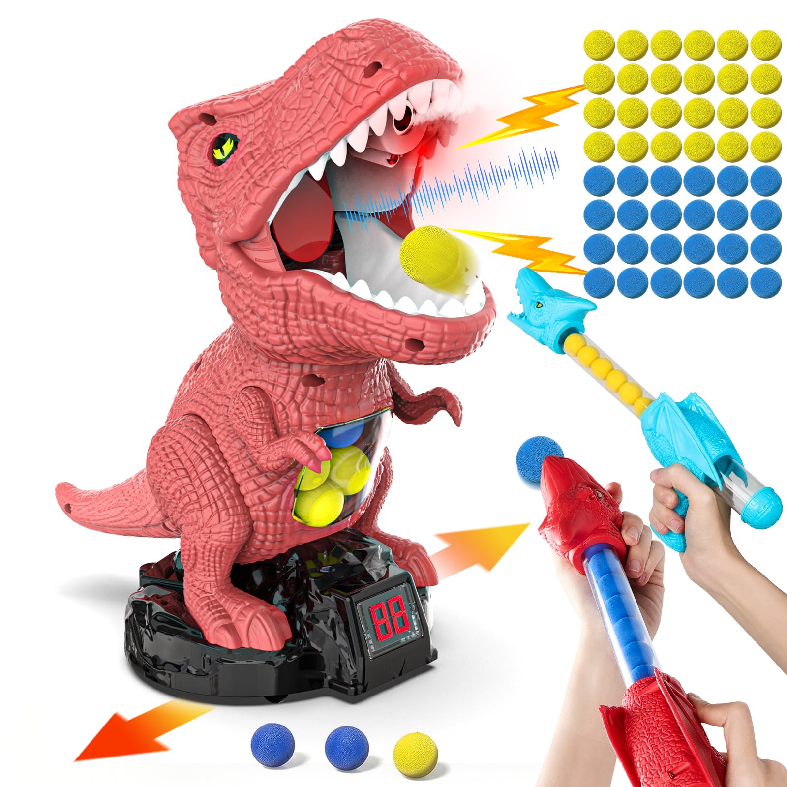 Dinosaur Shooting Toy for Boys Girls, Movable Target Shooting Games with 2 Air Pump Launcher, 48 Foam Balls, LED Score Record, Spray Effect & Sound, Competition Game Gift for Kids 5 6+ (Red)