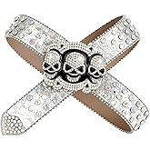 Punk Skull Belt Set for Men & Women - Rhinestone Studded Gothic Belts with Triple Rolling Buckles