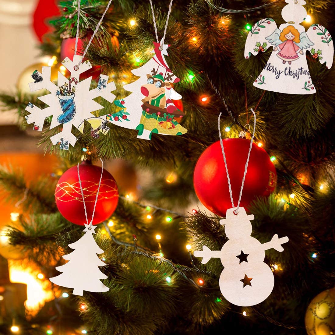 Max Fun 100PCS DIY Wooden Christmas Ornaments Unfinished Predrilled Wood Circles for Crafts Centerpieces Holiday Hanging Decorations in 10 Shapes