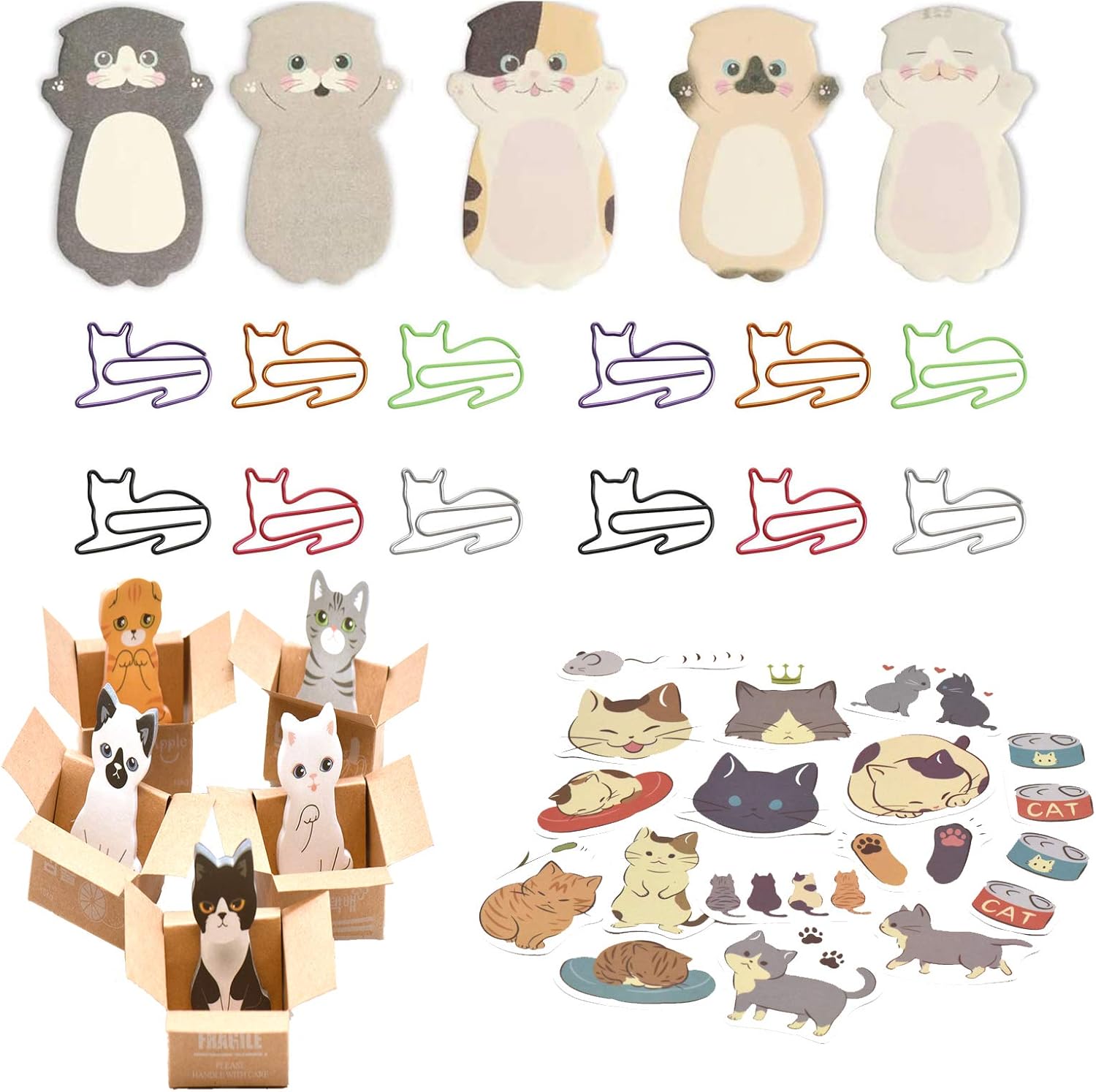 CAT Sticky Notepad Set,Cute Cat Self-Sticky Notes&Cat Paper Clips,Cat ...