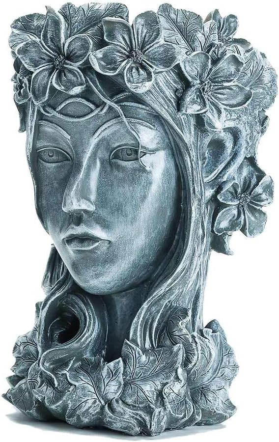 Sungmor Premium Resin Goddess Head Planter, 14”/35CM Tall Large Flower Pot, Beauty Face Figurine Ornament Container - Image 5