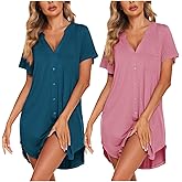 Ekouaer 2 Pack Nightgowns for Women Button Down Sleep Shirts V Neck Night Shirts Night Gowns