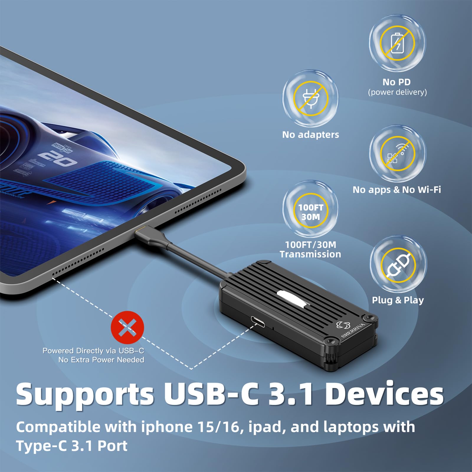 USB-C Wireless HDMI Transmitter and Receiver, Plug & Play – 1080P@60Hz, 2.4G/5G Streaming, 100FT Range, Compatible with Smartphone, Laptop, Netflix, Projector, HDTV, No App/WiFi Required