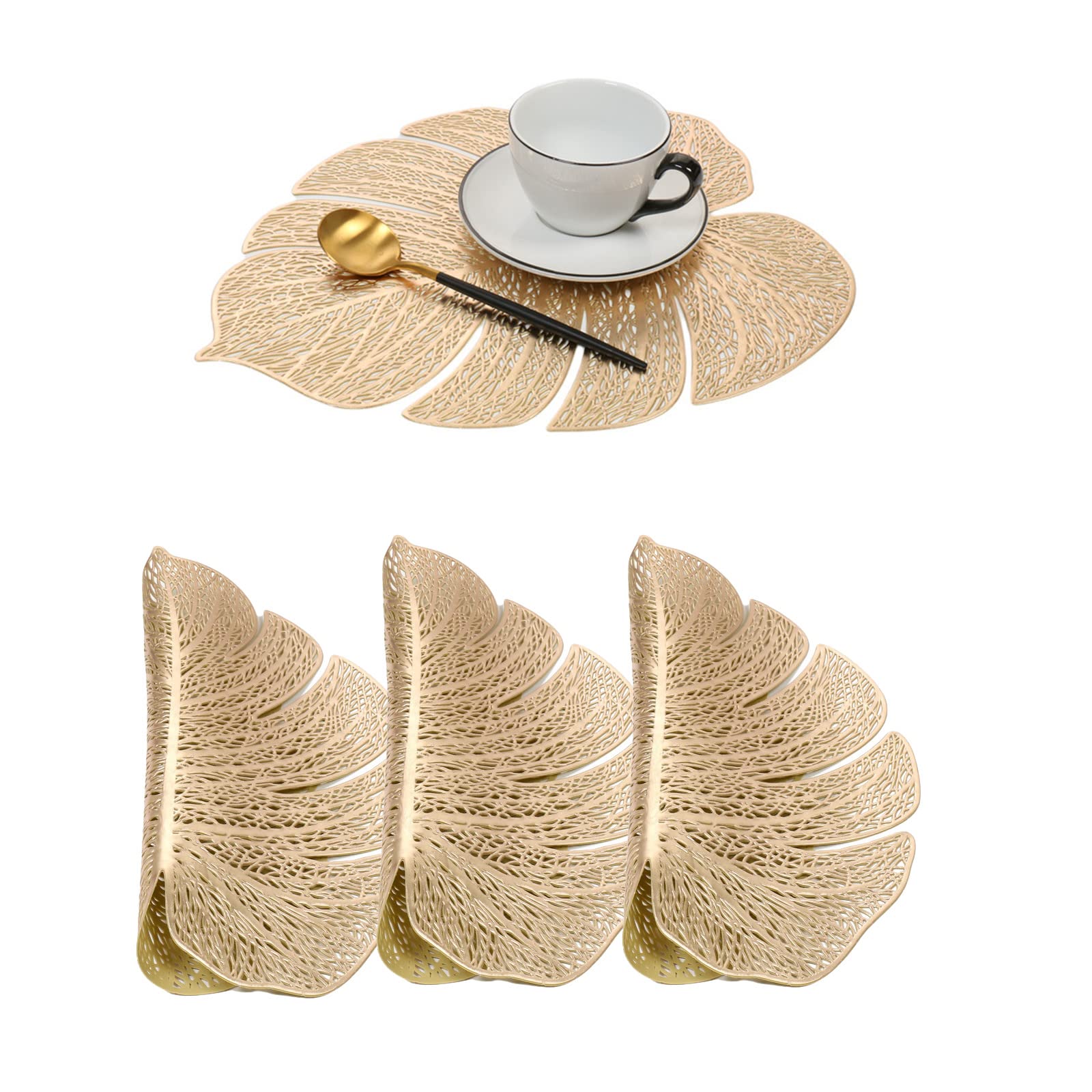 Hosoncovy 4 Pack Turtle Leaf Decorative Placemats PVC Hollow Table Place Mats Heat Resistant Non-slip Dining Placemats for Home Kitchen Wedding Party (Gold) — image 1