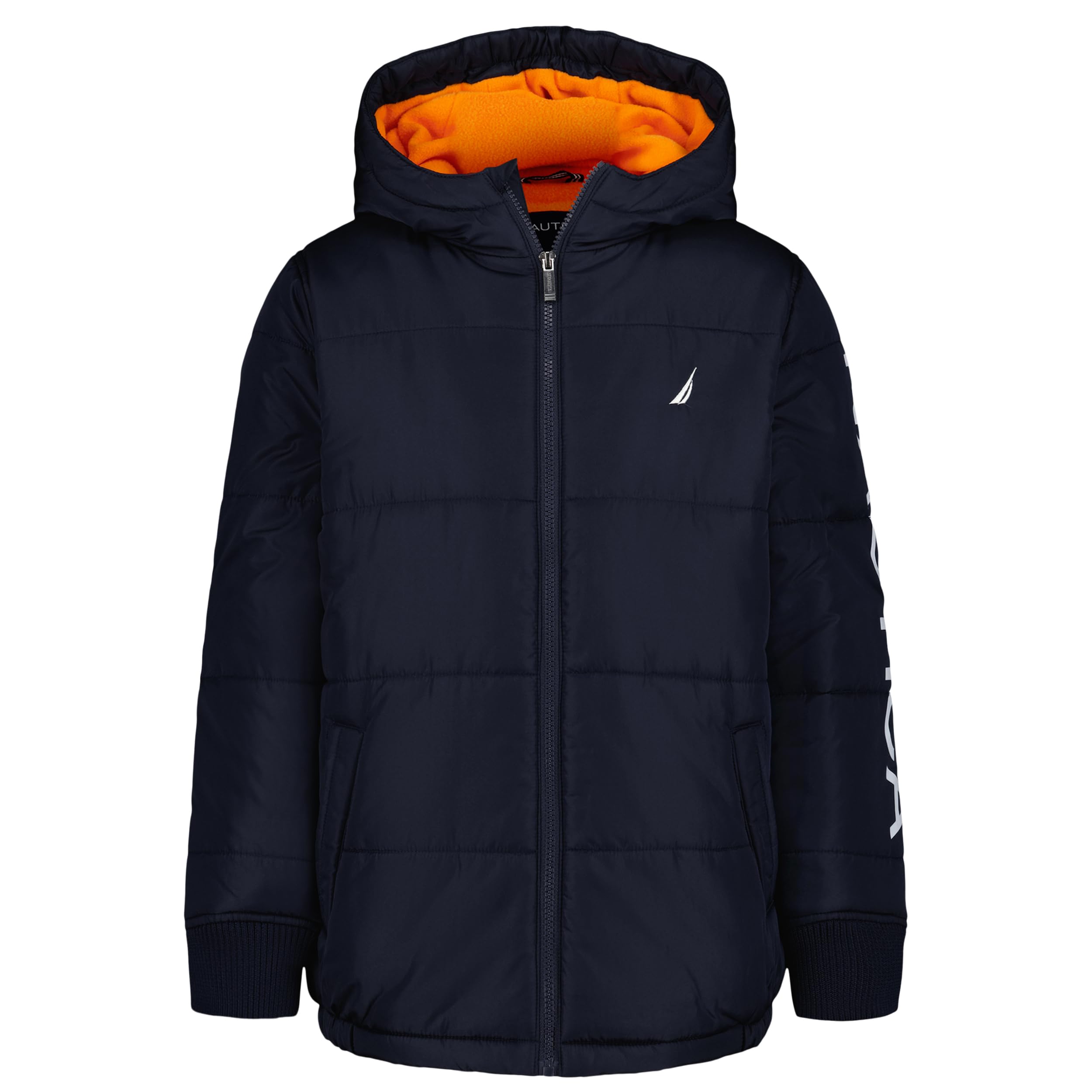 Nautica Boys' Heavyweight Hooded Bubble Jacket with Polar Fleece Lining, Sport Navy/Orange, 8 Image
