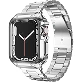 Compatible with Apple Watch Band and Case, Stainless Steel Metal Chain with TPU Cover, Smart-Watch Link Bracelet Strap, Wrist-Band for i-Watch Series 10 11, 46mm, Silver
