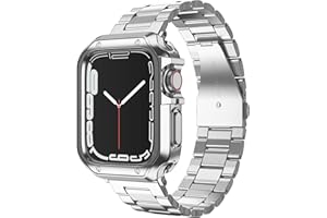 MRYUESG Compatible with Apple Watch Band and Case, Stainless Steel Metal Chain with TPU Cover, Smart-Watch Link Bracelet Strap, Wrist-Band for i-Watch Series 9 8 7 6 5 4 3 2 1 SE, 45mm 44mm 42mm, Silver