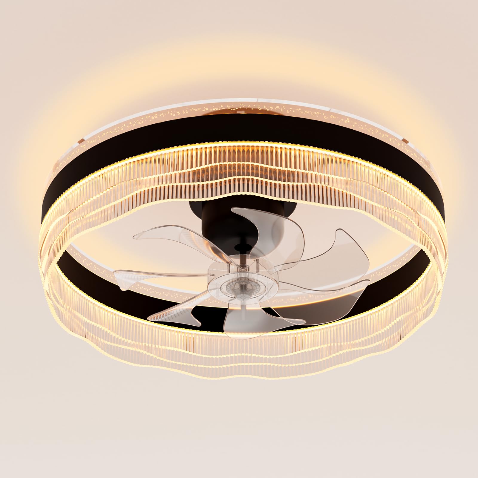 kejector Low Profile Ceiling Fan with Light,20 Inch Fandelier Ceiling Fans with Lights and Remote App Control,360°Oscillation Bladeless Flush Mount LED Fan Light for Bedroom Living Dining Room