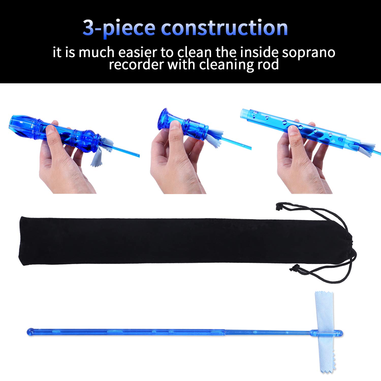 Lot-Yes 8-Hole Soprano Descant Recorder With Cleaning Rod + Case Bag Music Instrument (Crystal Blue)