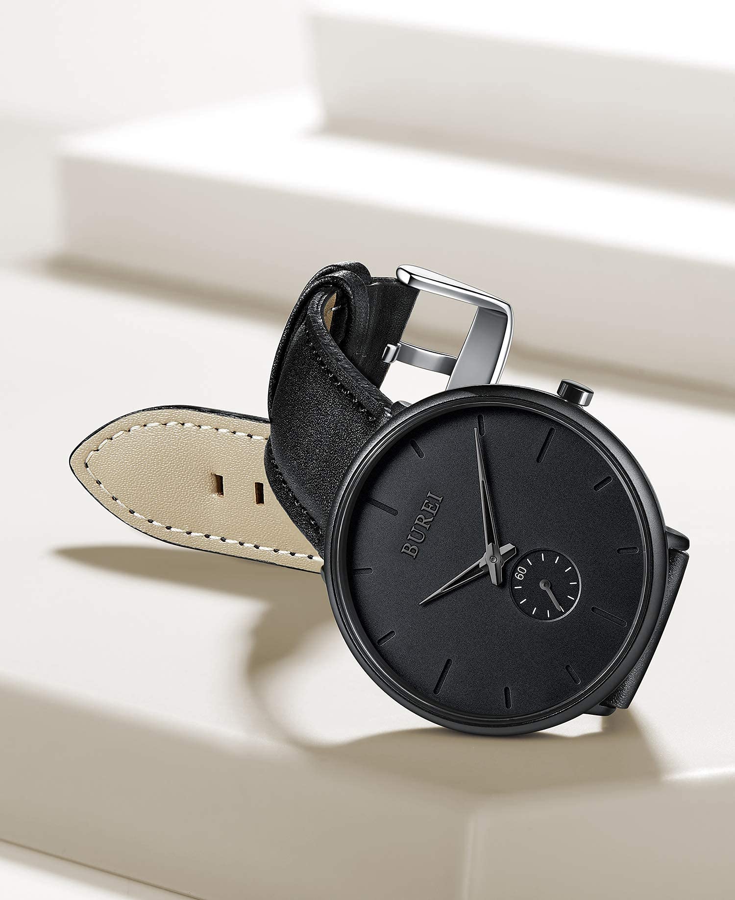 BUREI Men's Quartz Watch Black Minimalist Analog Ultra Thin Waist Watch Simple Style Stainless Steel Mesh Band