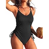 SOCIALA Ribbed One Piece Swimsuits for Women Adjustable Tie Side Tummy Control Bathing Suits High Cut Padded Monokinis