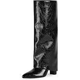 Knee High Boots Women Fold Over Boots Chunky Heel Pointed Toe Tall Boots | Fashion Slouchy Boots,Side Zipper Shark Boots,Fall Spring Winter Fashion Dress Tall Boots,Evening Bridal office Long Boots