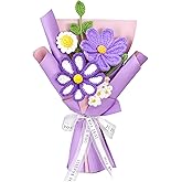 PartyforU Purple Crochet Flower Bouquet - Handmade Knitted Flower Bouquet for Friend Lover Mom Birthday Party Gift, Crochet Daisy Flowers with Card for Wedding Anniversay Home Decor