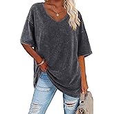 Flowyair Womens Oversized T Shirts Summer Loose Fit Cotton Short Sleeve Basic Tees Casual V Neck Boyfriend Tunic Tops