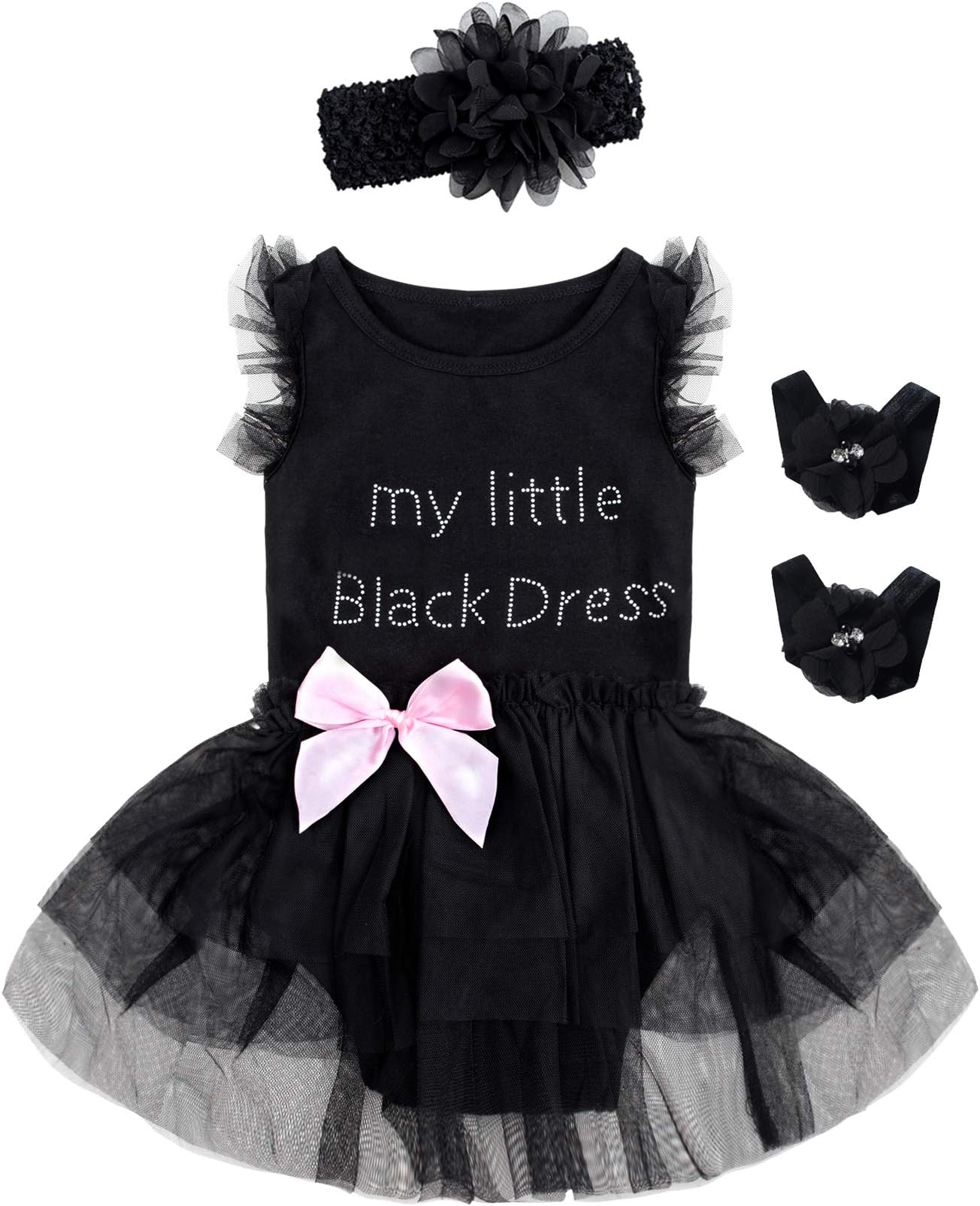 Newborn Clothes 3 Pieces Baby Girls' Lace Tutu Black Dress Summer Bodysuit with Headband
