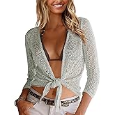 Nulibenna Womens Sheer Shrug Sweaters 3/4 Sleeve Open Front Tie Cardigan Bolero Jacket Lightweight Crochet Knit Cover Up Tops