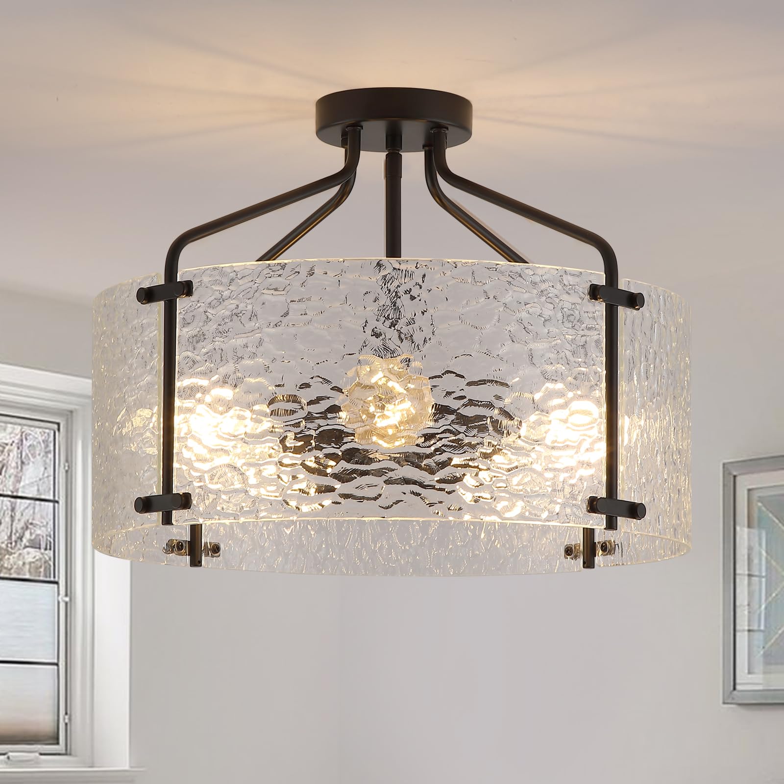 Photo 1 of **FACTORY SEALED** Semi Flush Mount Ceiling Light Fixture,Glass Drum Kitchen Lighting Fixtures Ceiling,18''Black Modern Light Fixture Chandelier,5-Light Foyer Lighting Fixtures for Living Room Hallway Foyer Porch